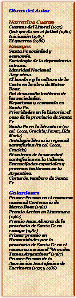 Cuadro de texto: Obras del Autor

Narrativa Cuento
Cuentos del Litoral (1975)
Qu queda sin el ftbol (1980)
Iniciacin (1985)
El guerreo (1986)
Ensayos
Santa Fe sociedad y economa.
Sociologa de la dependencia interna.
Identidad Nacional Argentina.
El hombre y la cultura de la Costa en la obra de Mateo Booz.
Del desarrollo histrico de las sociedades.
Nepotismo y economa en Santa Fe.
Prioridades en la historia: el caso de la provincia de Santa Fe.
Santa Fe en la literatura (en col. Cocco, Graciela; Pavan, Elda Mara)
Antologa literaria regional santafesina (en col. Cocco, Graciela)
El sistema de la sociedad santafesina en la Colonia.
Encrucijadas espaciales y procesos histricos en la Argentina.
Cinturn tambero de Santa Fe.

Galardones
Primer Premio en el concurso nacional Centenario de Mateo Booz (1981)
Premio Arcien en Literatura (1982)
Premio Juan Alvarez de la provincia de Santa Fe en ensayo (1982)
Primer premio en Humanidades por la provincia de Santa Fe en el concurso nacional Grandes Temas Argentinos (1987)
Primer Premio de la Asociacin Santafesina de Escritores (1975 y 1986)

